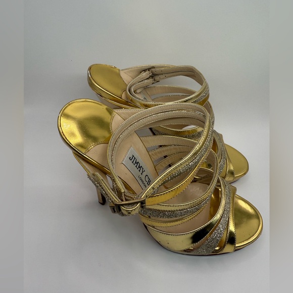 Jimmy Choo Metallic Gold Leather and Coarse Glitter Cage Open Toe Sandals - Picture 4 of 4